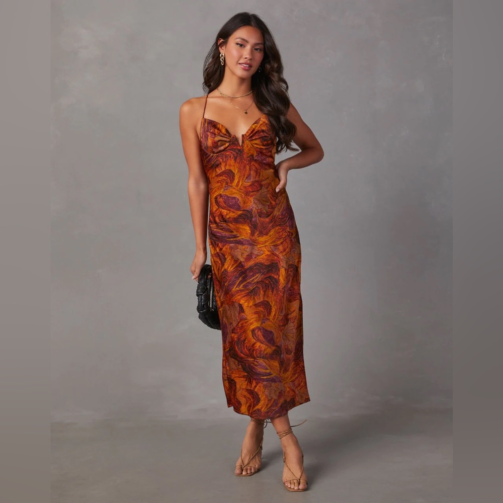 Brown Marble Print Satin Dress